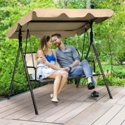 Tangkula Brown Outdoor Swing Canopy Patio Swing Chair 3 Person Canopy Hammock
