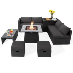 Tangkula 9 Pieces Outdoor PE Rattan Wicker Sectional Sofa With 35" Gas Fire Pit Table Space-Saving Patio Conversation Set With Storage Box Black/Grey/Navy/Red/Turquoise/Off White -Beauty house GUEST 628c1788 f1cf 42c1 8f5b 2363206a3a7c