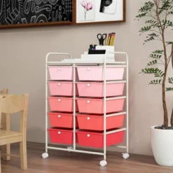 Tangkula 10-Drawer Rolling Storage Cart Tools Scrapbook Paper Organizer On Wheels Pink Gradient