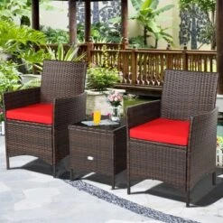 Tangkula 3 Pieces Patio Rattan Conversation Furniture Wicker Chairs With Coffee Table & Cushions Red/Blue/White -Beauty house GUEST 63253b97 ece8 4e0e 9611 b1795fe8867b
