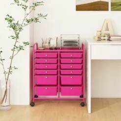 Tangkula Craft Organizers And Storage Cart - Rolling Cart With 12 Drawers Wheels Mobile Rolling Utility Cart Hot Pink