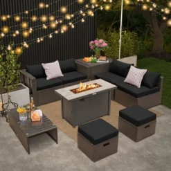 Tangkula 9 Pieces Outdoor Patio Furniture Set With 42" Propane Fire Pit Table Outdoor PE Wicker Space-Saving Sectional Sofa Set Black/Gray/Navy/Red/Turquoise/Off White -Beauty house GUEST 64f245c1 6bbc 4349 9790 d36e4976b237