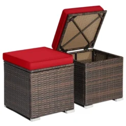 Tangkula 2 Pieces Patio Ottoman Outdoor Wicker Footstool Storage Box Side Table W/ Solid Metal Frame Additional Seating W/ Removable Cushions Beige/Off White/Red/Turquoise/Gray/Navy -Beauty house GUEST 65343174 9dd7 40ae b867 749d66800277