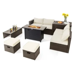Tangkula 9 Pieces Outdoor Patio Furniture Set With 42" Propane Fire Pit Table Outdoor PE Wicker Space-Saving Sectional Sofa Set Black/Gray/Navy/Red/Turquoise/Off White -Beauty house GUEST 655c539e 175a 4366 ad17 6bce6df77fdb