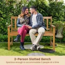 Tangkula 2-Person Outdoor Bench Patio Wooden Bench With Ergonomic Backrest & Armrests All-weather Acacia Wood Frame 48"x 22" -Beauty house GUEST 65dd11fd 6447 4077 80f2 97a6e9bc2d17