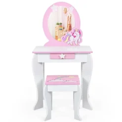 Tangkula 2-in-1 Kids Vanity Set Makeup Table & Chair Set For Toddlers W/Detachable Mirror Pink/White -Beauty house GUEST 65e789f0 b0f8 4e4d acff 68558106e1b5