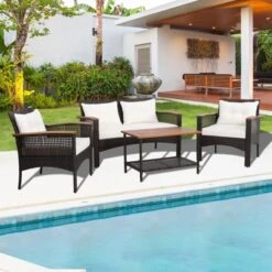 Tangkula 4PCS Rattan Patio Furniture Set Acacia Wood Outdoor Conversation Set W/ Cushions -Beauty house GUEST 65f28a07 414d 4b8a b448 b40e8b9de692