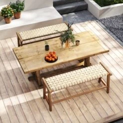 Tangkula 47" Long Teak Wood Patio Bench W/Weave Seat Solid Wood Legs Backless For Porch -Beauty house GUEST 670d2f96 537d 4aa5 9a68 9c9cb1fb7628