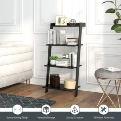 Tangkula 4-Tier Ladder Shelf 43” Tall Wooden Leaning Bookshelf Display Rack Modern Shelving Stand With Anti-tipping Device Black -Beauty house GUEST 67285618 5896 4550 810f 3f0afb56e61f
