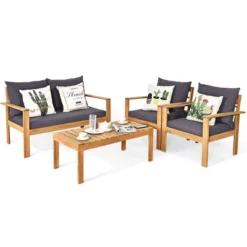 Tangkula 4 PCS Outdoor Acacia Wood Conversation Sofa Table Furniture Set W/ Grey Cushions