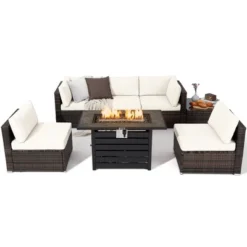 Tangkula 7PCS Patio Rattan Furniture Set 42" Fire Pit Table W/ Cover Cushioned -Beauty house GUEST 679eed14 de7f 4c18 9bd8 338c45e9c1a3