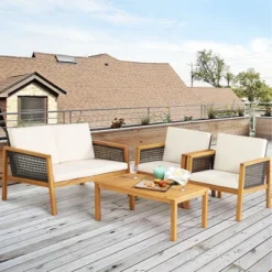 Tangkula 8PCS Patio Acacia Wood Furniture Set PE Rattan Conversation Set W/ Off White Cushions 15 Tangkula 8PCS Patio Acacia Wood Furniture Set PE Rattan Conversation Set W/ Off White Cushions -Beauty house GUEST 67cc96da ac23 4f50 8880 b1adf93bdf95