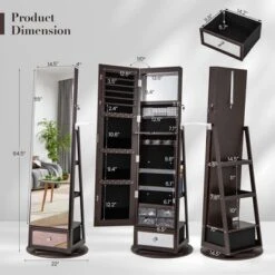 Tangkula 360° Swivel Jewelry Cabinet W/ Mirror Jewelry Storage Organizer Built-in Lights Dark Brown -Beauty house GUEST 67e31a91 d7c1 495c b4be 9e9da8214706