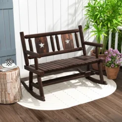 Tangkula Outdoor Carbonized Wood Rocking Bench Double Rocking Chair For 2 Persons W/ Wide Curved Seat -Beauty house GUEST 684a2a99 e0bb 4922 aac2 a1b36927103f