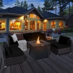 Tangkula 7PCS Rattan Patio Sectional Furniture Set W/ 30" Fire Pit Table & Cushion