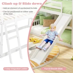Tangkula Twin Over Twin House Bunk Bed W/ Slide Solid Wood Low Bunk Bed For Kids White -Beauty house GUEST 6a0a0e6a a48a 443b a202 166cdacc8336