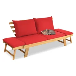 Tangkula Adjustable Patio Sofa Daybed Acacia Wood Furniture W/ Red Cushions -Beauty house GUEST 6a872867 63cf 46a2 8bc3 e6d7c95f0a1a