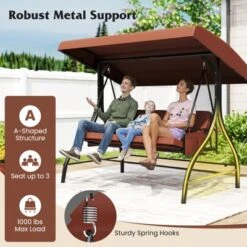 Tangkula 3-Seat Patio Swing W/ Canopy & Removable Cushions & Side Pockets Stand
