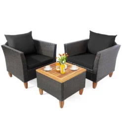 Tangkula 3PCS Patio Furniture Set Conversation Bistro Set W/ Acacia Wood & Cushions Black -Beauty house GUEST 6df85014 13af 4396 b4dc 72acffceb18b