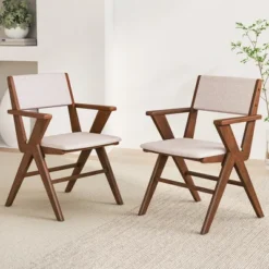 Tangkula Wooden Dining Chair Set Of 2 W/ Rubber Wood Frame Padded Seat & Back Armrests