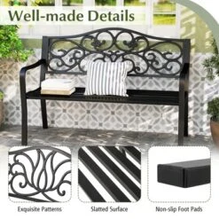 Tangkula 2-person Metal Bench W/ Floral Pattern Slanted Backrest Slatted Surface Black -Beauty house GUEST 6e612bc5 d6ad 43ea a02f 06335318dd0c