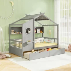 Tangkula Twin Size House Bed Kids Bed Frame W/ 2 Storage Drawers & Fence Guardrails -Beauty house GUEST 6ecd8c42 dbe4 4208 9d9f 747aeccc299e