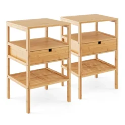 Tangkula Bamboo Nightstands Set Of 2 W/ Pull-out Drawer And Storage Shelf Wood Natural -Beauty house GUEST 6ed31579 76e2 48f8 86f8 e6a81afbe7cd