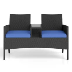 Tangkula Outdoor Rattan Loveseat 2-Seat Patio Conversation Set With Built-in Coffee Table Cushions Wicker Bench Furniture Blue -Beauty house GUEST 6f4f5622 6293 4877 8b45 3df1fd253b72