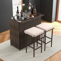 Tangkula 3 Pieces Patio Bar Set PE Wicker Outdoor Bar Table & Stools Set W/ Removable Cushions -Beauty house GUEST 703a1f7f 3c63 4dbc aa55 f00292687239