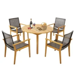 Tangkula 5 PCS Patio Dining Set Round Acacia Wood Table 4 Wicker Armchairs Outdoor Garden -Beauty house GUEST 7113b2fa 81ba 4bf6 a579 c9197d3f039b