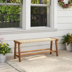 Tangkula 47" Long Teak Wood Patio Bench W/Weave Seat Solid Wood Legs Backless For Porch