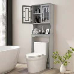 Tangkula Grey Bathroom Over The Toilet Space Saver Storage Cabinet Organizer Shelf