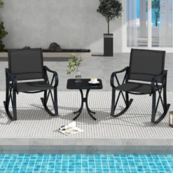 Tangkula 3 Piece Patio Rocking Set 2 Rocking Chairs W/ Tempered Glass Side Table