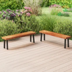 Tangkula Outdoor Acacia Wood Benches Set Of 2 W/ Slatted Top & Flared Metal Legs -Beauty house GUEST 73174040 d95e 4ba1 8207 ab845862b3ea
