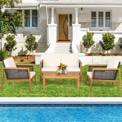 Tangkula 8PCS Patio Acacia Wood Furniture Set PE Rattan Conversation Set W/ Off White Cushions 4 Tangkula 8PCS Patio Acacia Wood Furniture Set PE Rattan Conversation Set W/ Off White Cushions - Image 2