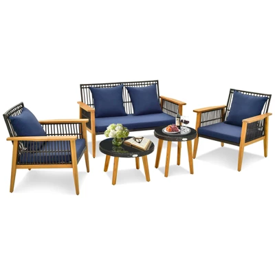 Tangkula 5PCS Rattan Woven Conversation Set Stable Acacia Wood Frame For Backyard Patio 3 Tangkula 5PCS Rattan Woven Conversation Set Stable Acacia Wood Frame For Backyard Patio