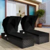Tangkula Set Of 2 Rattan Patio Chaise Lounge Chair W/ Adjustable Canopy Black Cushion