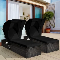Tangkula Set Of 2 Rattan Patio Chaise Lounge Chair W/ Adjustable Canopy Black Cushion
