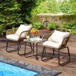 Tangkula 3PCS Patio Rattan Furniture Set Outdoor Bistro Set W/Washable Cushion Conversation Set W/2 Armchairs For Backyard White