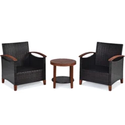 Tangkula 3PCS Patio Wicker Sofa Set Acacia Wood Frame W/ Cushion Covers Beige & Turquoise -Beauty house GUEST 73e6ef10 0bd6 4338 92e2 02e12a7682cf