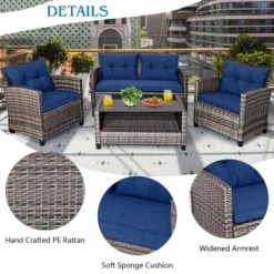 Tangkula 4PCS Rattan Furniture Set Coffee Table Cushioned Sofa Garden Lawn Patio Navy