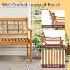 Tangkula Patio Acacia Wood Bench Wooden 2-Person Outside Chair W/Curved Armrests Slatted Seat & Backrest Outdoor Loveseat -Beauty house GUEST 74f91145 5159 419e 8a60 e8aff0bf2c79