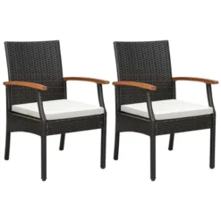 Tangkula Set Of 2 PE Wicker Chairs Acacia Wood Armrests W/ White Soft Zippered Cushion Patio -Beauty house GUEST 755db240 87fb 43fd 955e 5dce9bff98ec