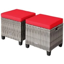 Tangkula Set Of 2 Outdoor Rattan Cushioned Ottoman Seat All Weather Patio Footrest Red/Turquoise -Beauty house GUEST 758e8ef8 0dab 416a ac0e cc5ea79c9a8f