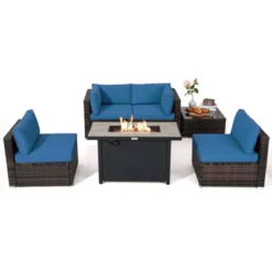 Tangkula 6 Pieces Outdoor PE Rattan Wicker Sectional Sofa With 42" 60,000 BTU Gas Fire Pit Table, Patio Conversation Set With Tempered Glass Coffee Table Black/Navy Blue/Red/Turquoise/Off White -Beauty house GUEST 75d8f7d9 d109 49f5 b80c aa21d11ffa33