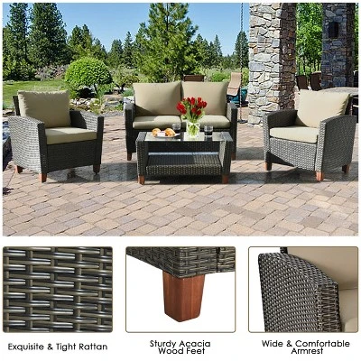 Tangkula 4PCS Cushioned Rattan Conversation Set W/ Coffee Table Patio Outdoor 9 Tangkula 4PCS Cushioned Rattan Conversation Set W/ Coffee Table Patio Outdoor - Image 7