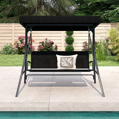 Tangkula 3-Person Porch Swing W/ Stand W/ Rattan Seat Back Metal Frame Adjustable Shade 4 Tangkula 3-Person Porch Swing W/ Stand W/ Rattan Seat Back Metal Frame Adjustable Shade - Image 2