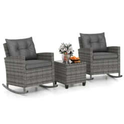 Tangkula Set Of 3 Wicker Rocking Set Patio W/ Tempered Glass Table & Soft Cushions -Beauty house GUEST 779e2c8d 1a8c 4073 8382 e656ff7795f8
