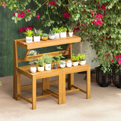 Tangkula 3-in-1 Outdoor Acacia Wood Loveseat Bench Furnitur W/ Slatted Seat For Garden 5 Tangkula 3-in-1 Outdoor Acacia Wood Loveseat Bench Furnitur W/ Slatted Seat For Garden - Image 3