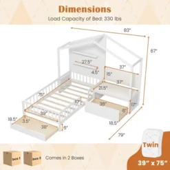 Tangkula Twin Size House Bed Kids Platform Bed W/ Padded Bench & Floating Shelves -Beauty house GUEST 79173787 ec95 4c1a a885 269286eb2e02